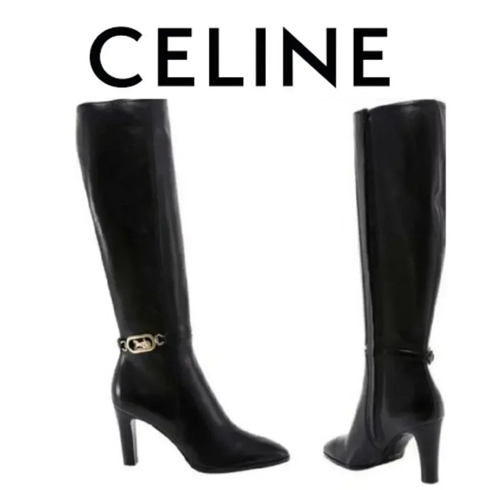 Celine Woman's 85 authentic Black 100% calf skin Leather Boots Size 38.5